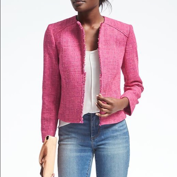 pink collarless jacket